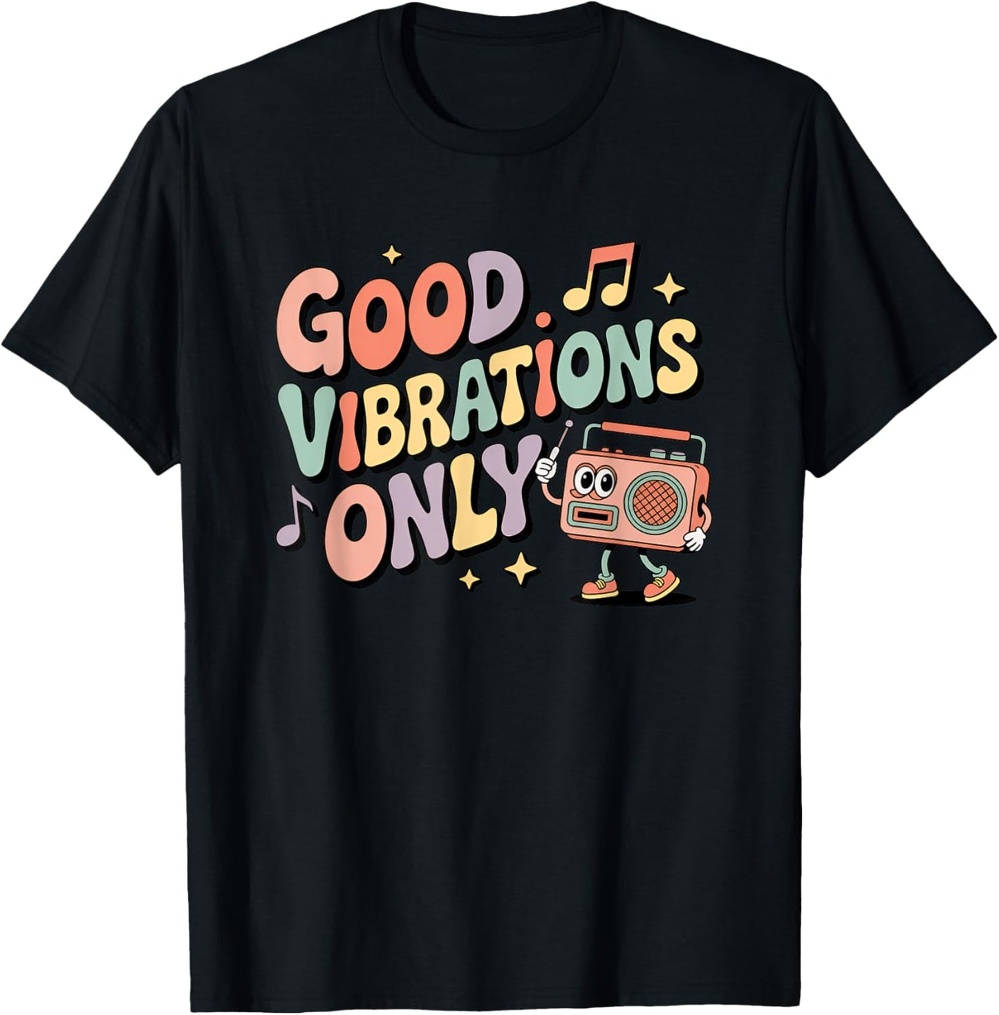 Good Vibrations Only Retro Boombox Fun T-Shirt - T-Shirt | Black