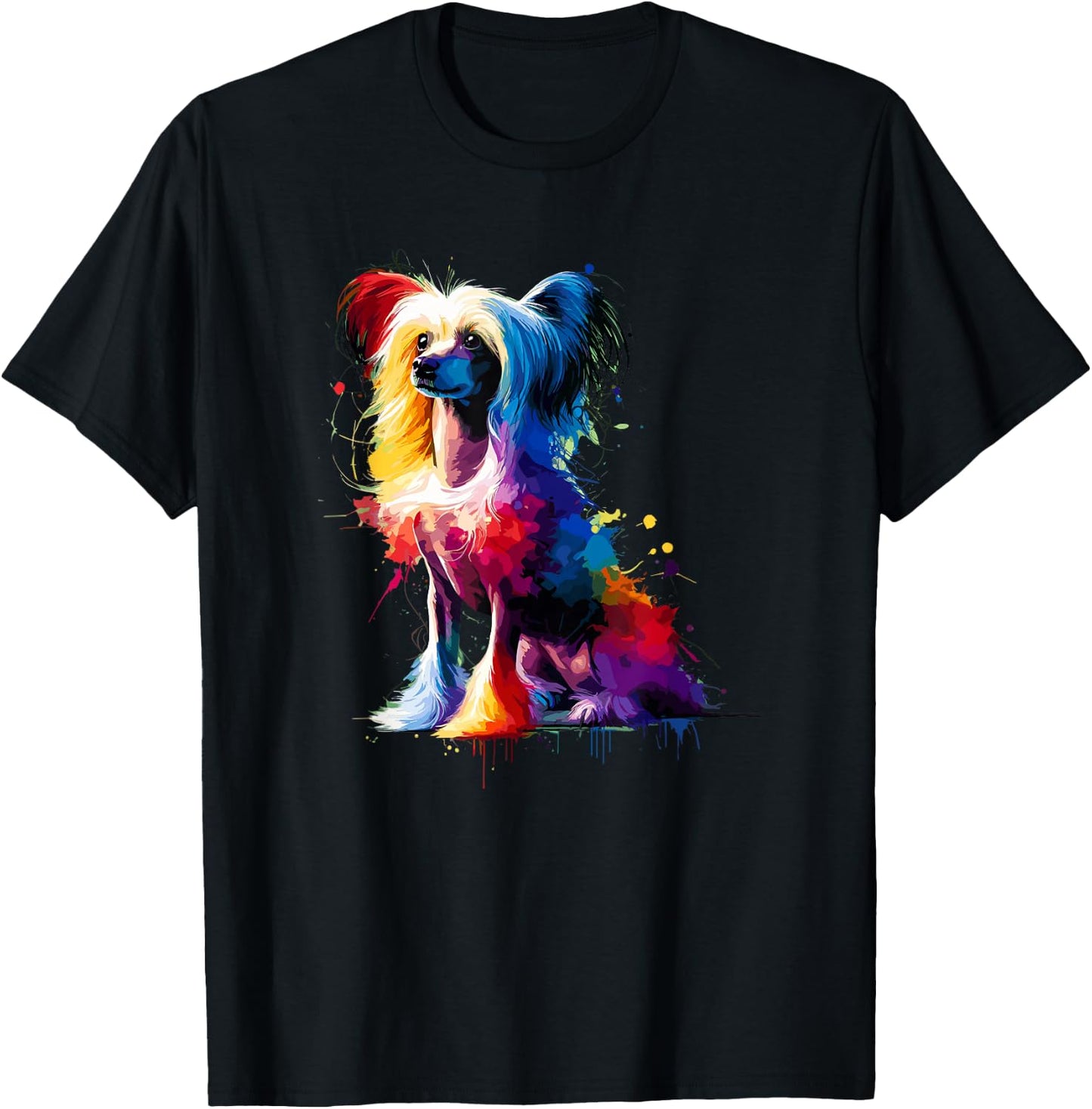Colorful Splash Art Chinese Crested Dog Crestie T-Shirt - T-Shirt | Black