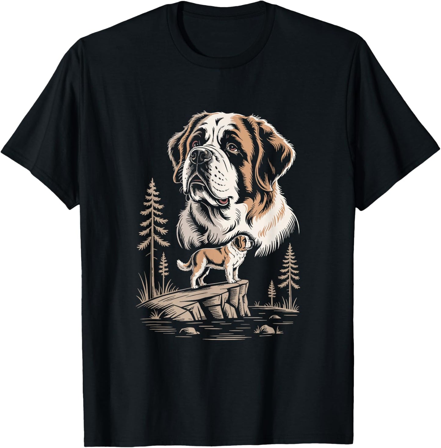 Majestic Saint Bernard Dog Mountain Lake Scene T-Shirt - T-Shirt | Black