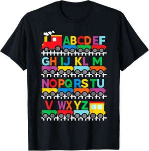 Train Railroad Lover ABC Alphabet A-Z ABCs Kindergarten Kids T-Shirt - T-Shirt | Black