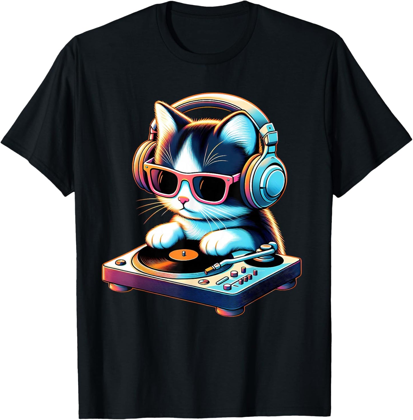 DJ Kitten Turntable Music Vibe Cat Cool Modern Playful Art T-Shirt - T-Shirt | Black