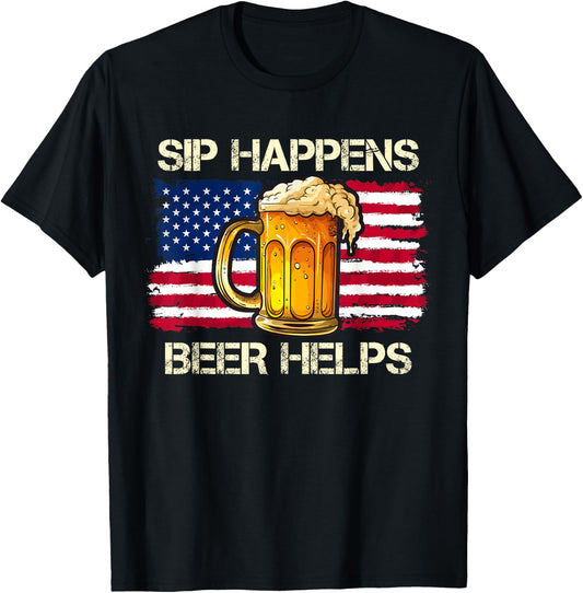 funny pun sip happens beer helps drinking vintage usa flag Women Men T-Shirt - T-Shirt | Black