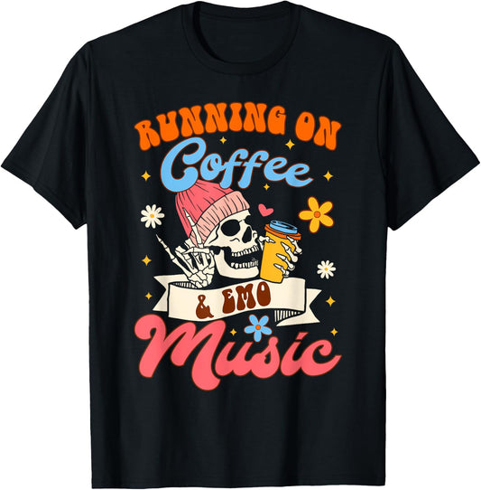 Coffee Lover Caffeinated Running On Coffee & Emo Music T-Shirt - T-Shirt | Black