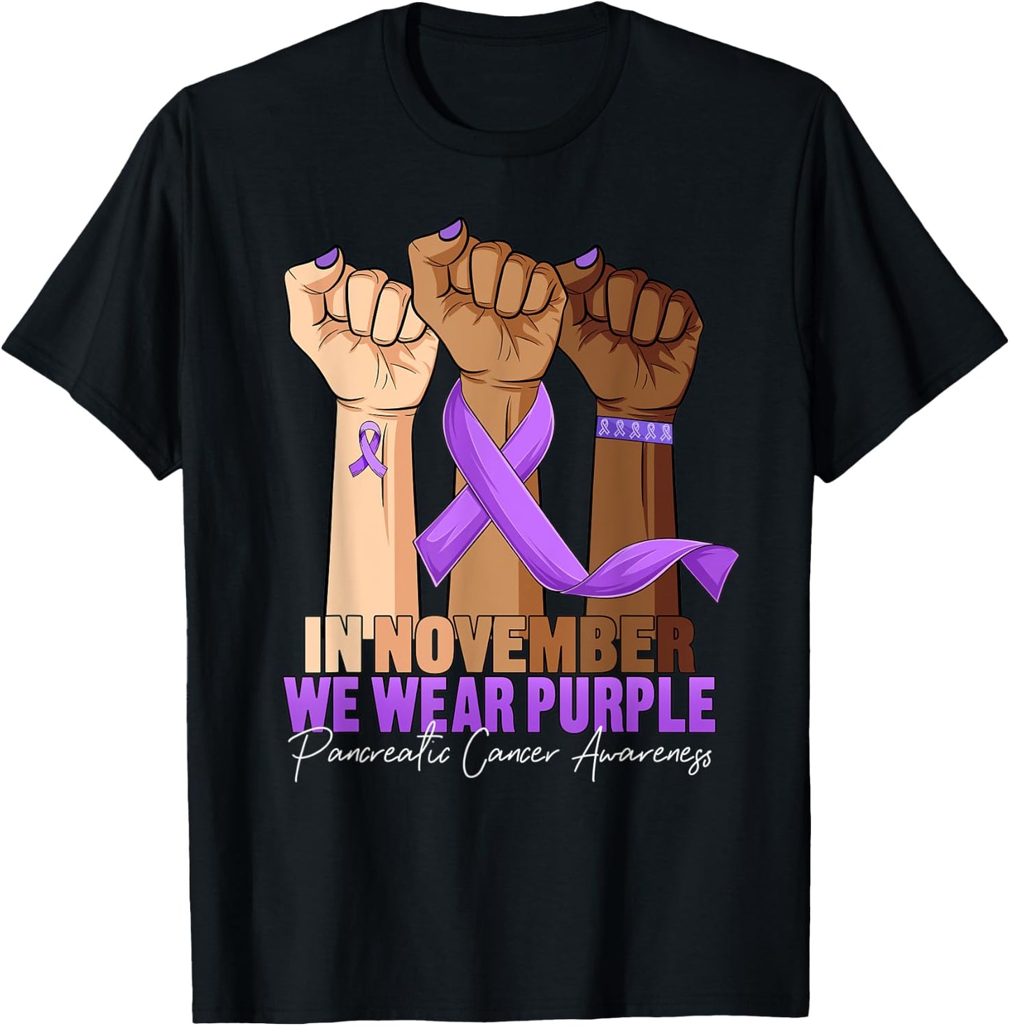 Hand November Wear Purple Ribbon Pancreatic Cancer Awareness T-Shirt - T-Shirt | Black