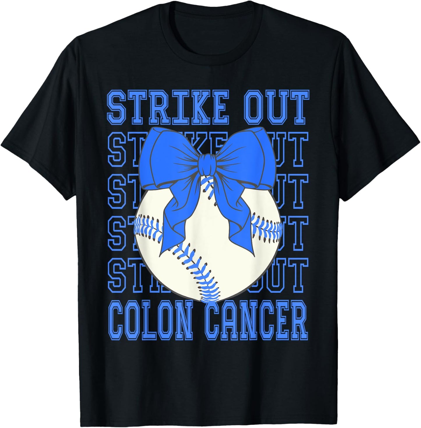 Colon Cancer Awareness Blue Coquette Baseball Strike Out T-Shirt - T-Shirt | Black