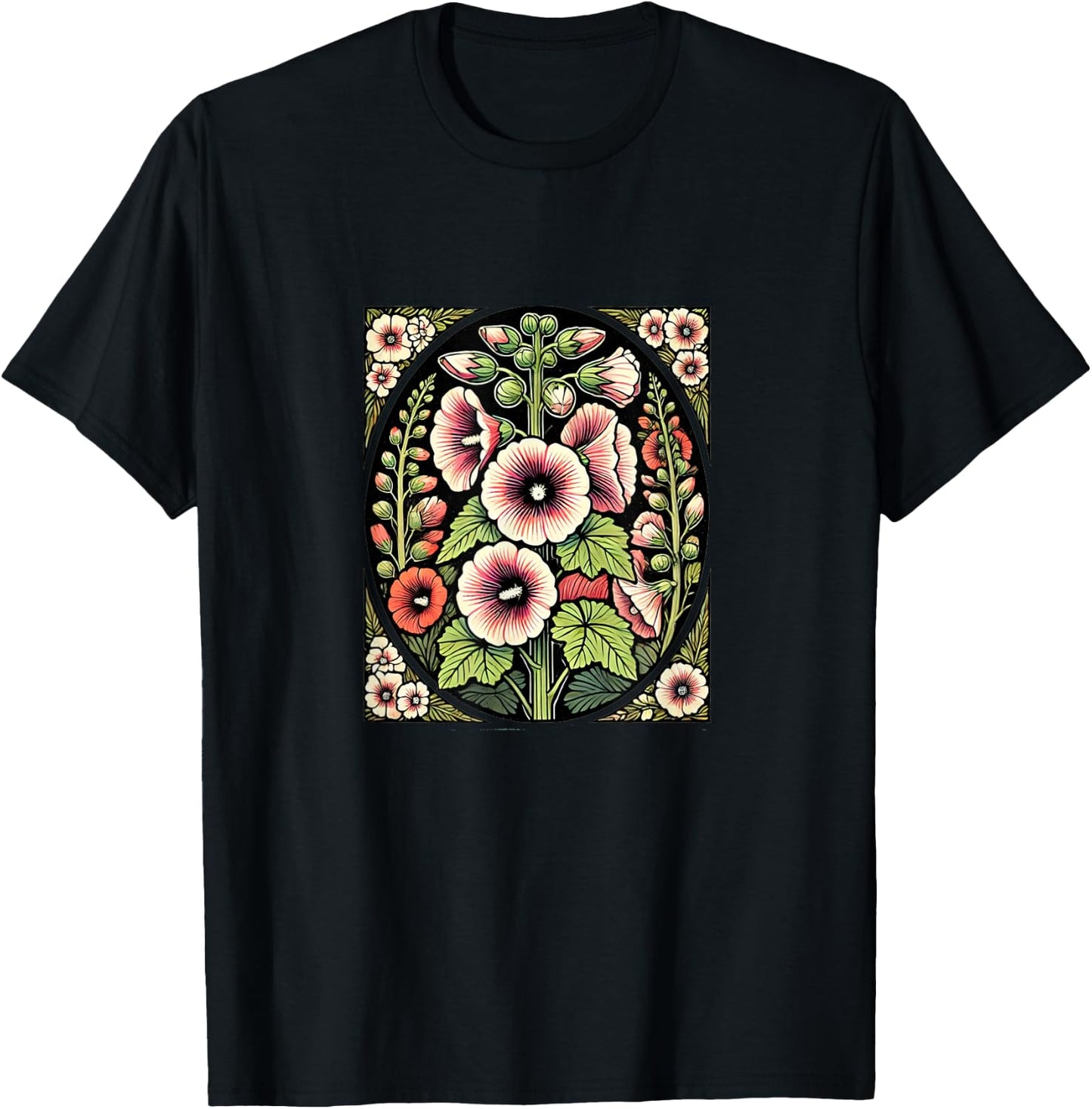 Hollyhock Illustration Hollyhocks flower Gardener art T-Shirt - T-Shirt | Black