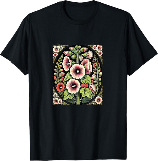 Hollyhock Illustration Hollyhocks flower Gardener art T-Shirt - T-Shirt | Black