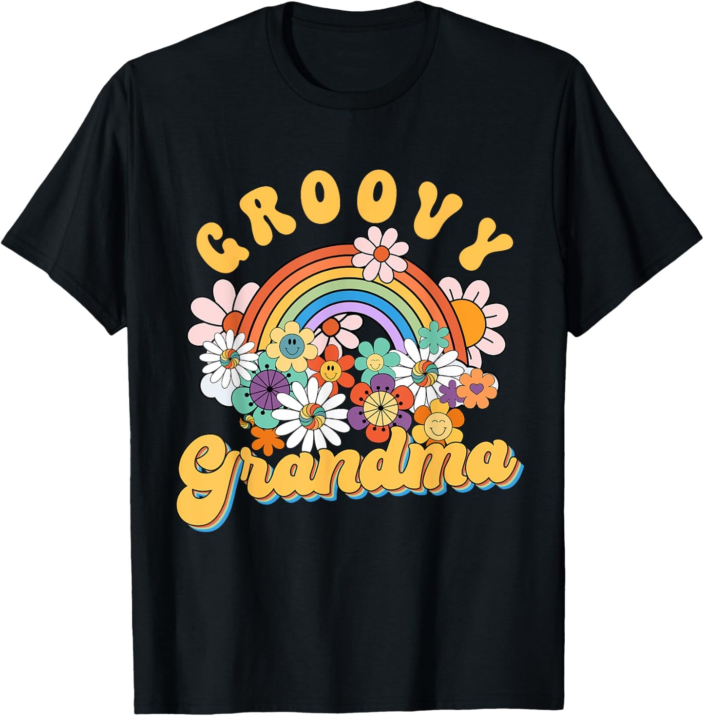 Groovy Grandma Rainbow Colorful Flowers Mother's Day T-Shirt - T-Shirt | Black