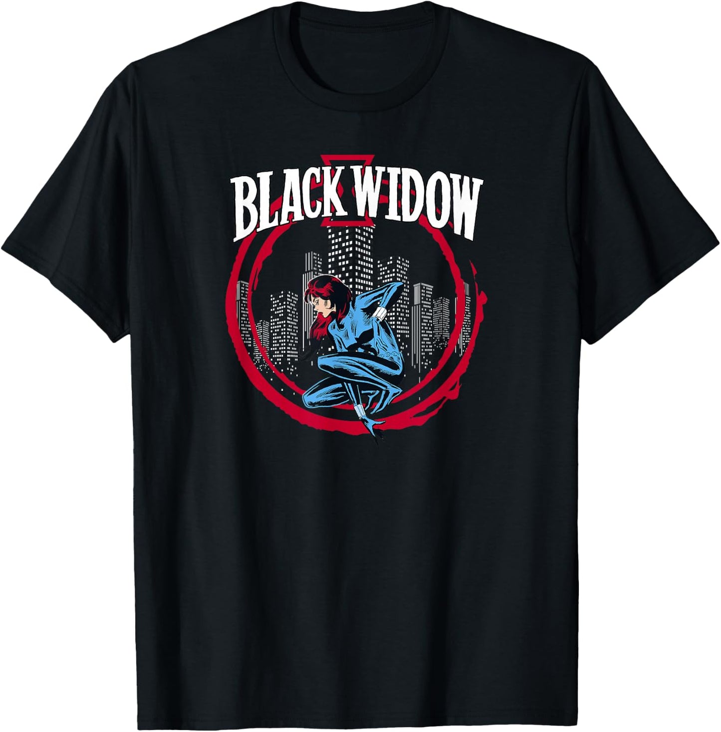 Marvel Avengers Black Widow Red Circle Skyline Portrait T-Shirt - T-Shirt | Black