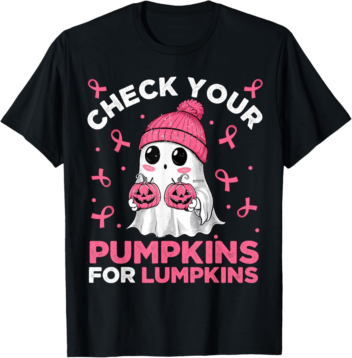 Breast Cancer Halloween Boo Ghost Check Your Pumpkins T-Shirt - T-Shirt | Black