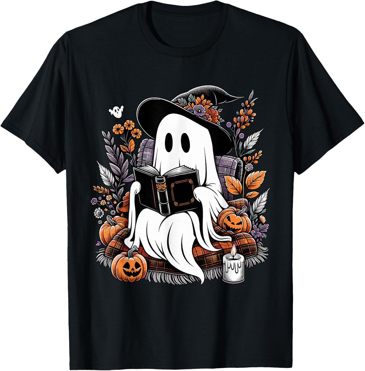Ghost Reading Books Pumpkin Halloween T-Shirt - T-Shirt | Black