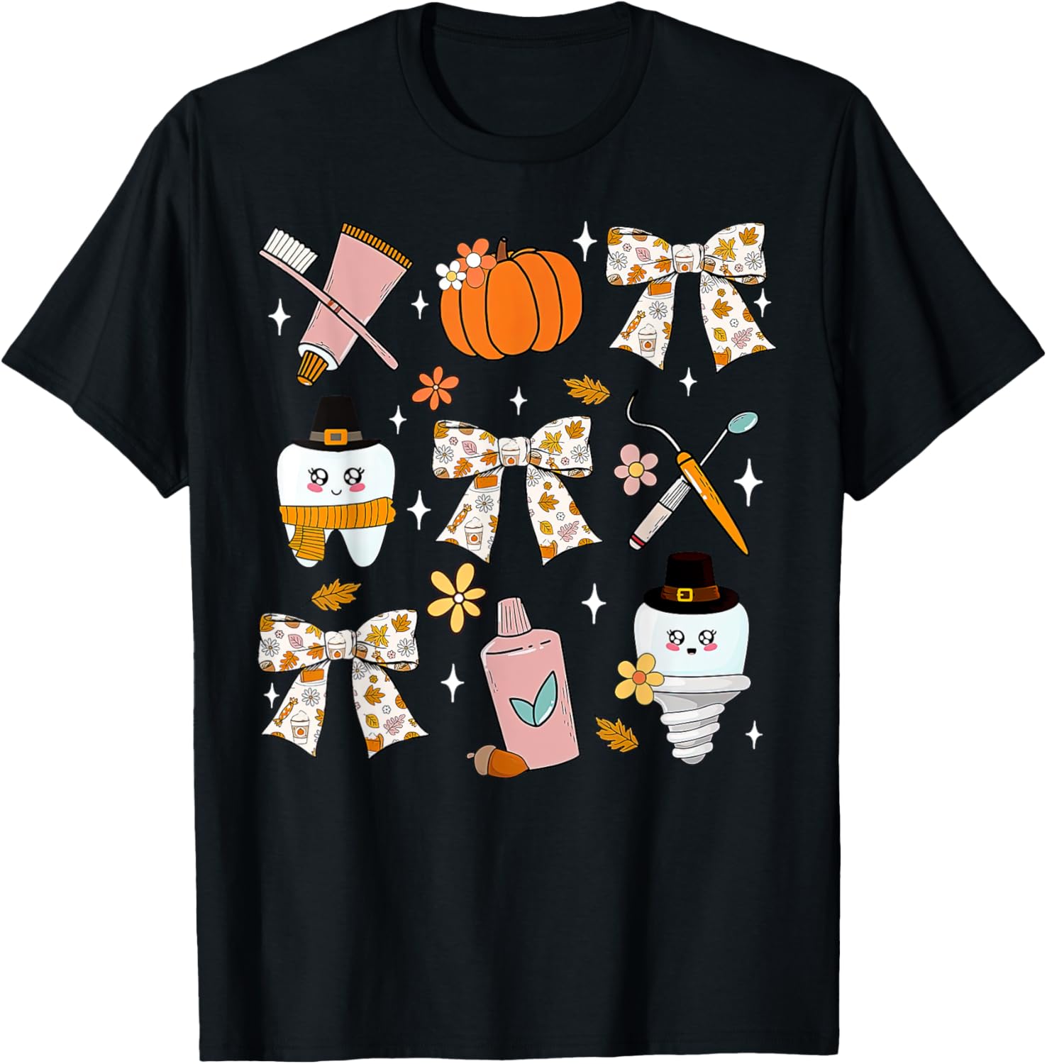 Coquette Bow Dental Squad Fall Autumn Dentist Assistant T-Shirt - T-Shirt | Black