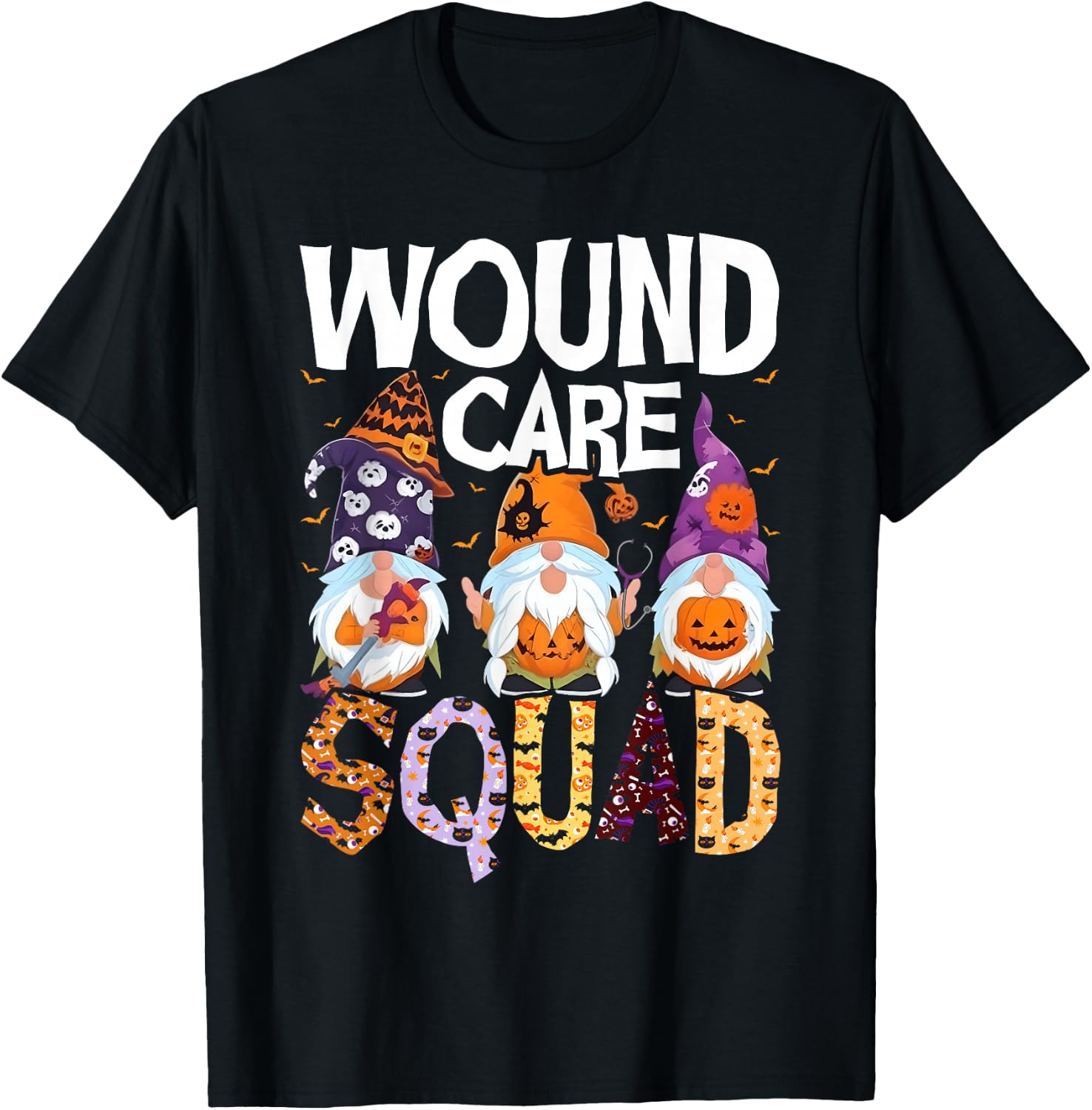 Wound Care Squad Gnome Nurse Halloween Scrubs Stethoscope T-Shirt - T-Shirt | Black