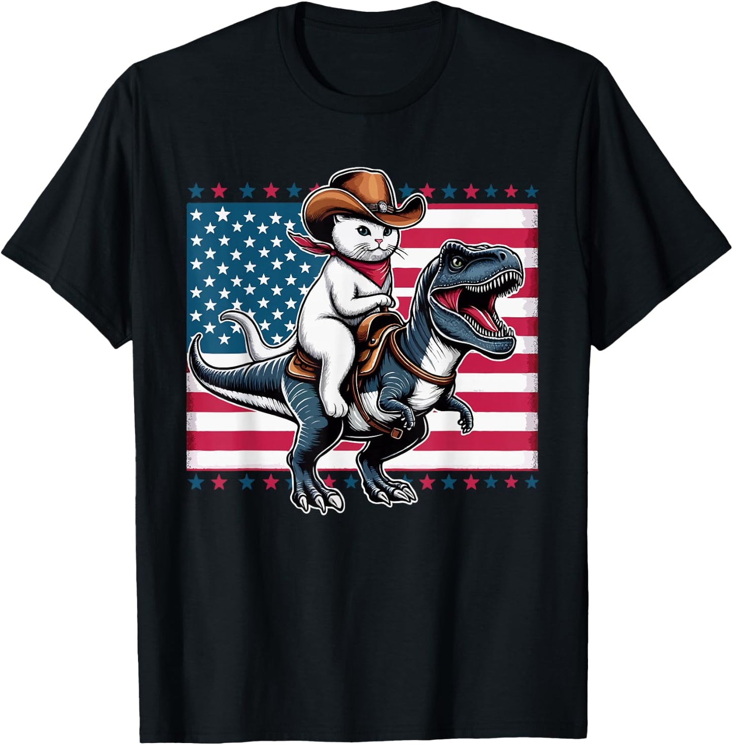 Cute Cowboy Cat Riding Dinosaur USA Flag T-Rex 4th of July , Small, Black T-Shirt - T-Shirt | Black