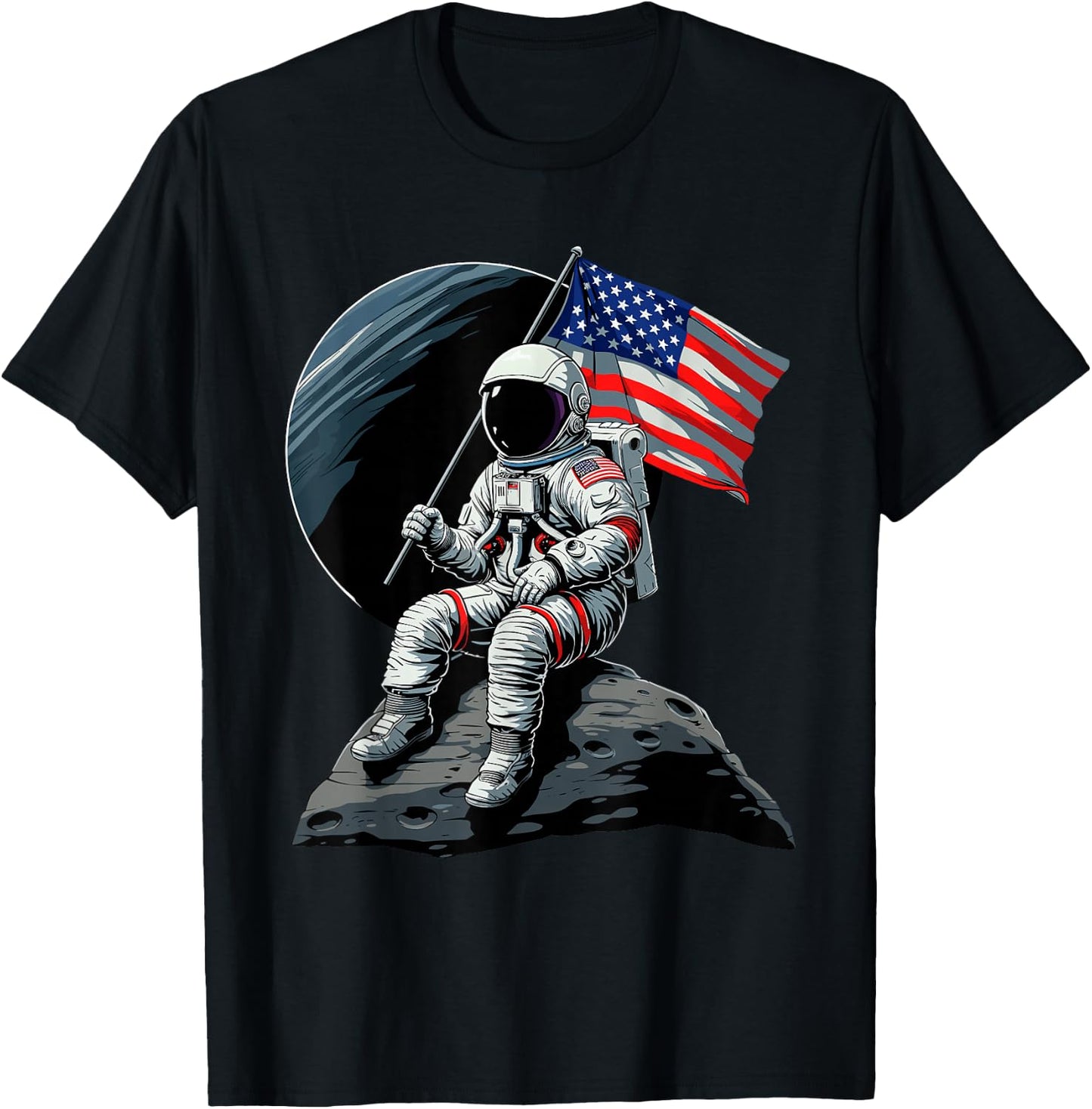 Patriotic Space Astronaut 4th Of July USA American Flag Women Men T-Shirt - T-Shirt | Black