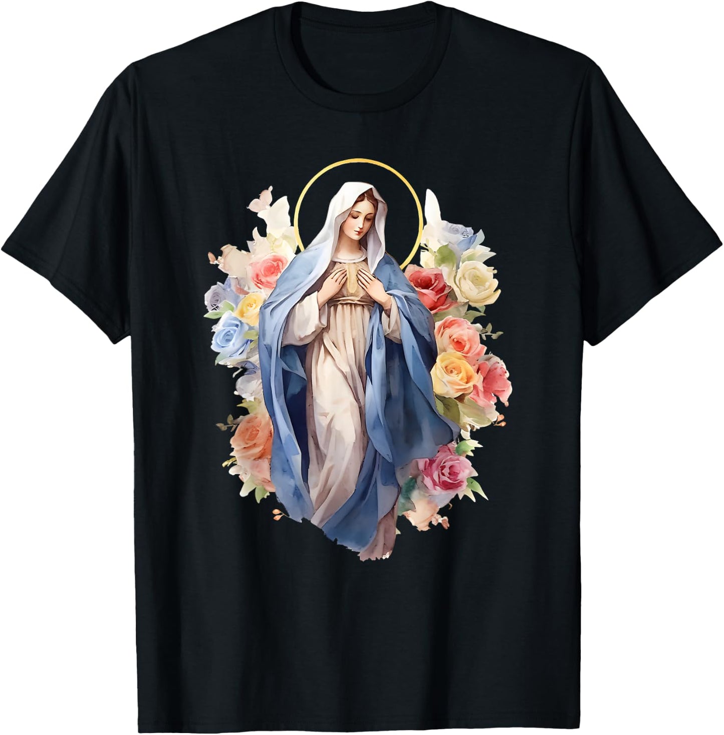 Blessed Mother Mary Mother of Jesus Roses Our Lady Catholic T-Shirt - T-Shirt | Black