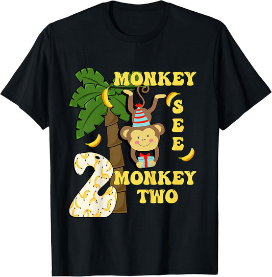 2 Years Old Monkey Party Themes 2nd Birthday T-Shirt - T-Shirt | Black