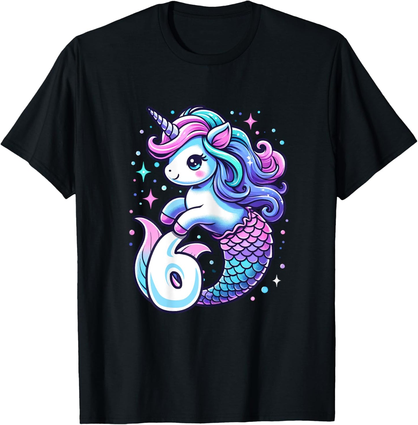 Unicorn Mermaid 6th Birthday 6 Year Old Party Girls Outfit T-Shirt - T-Shirt | Black