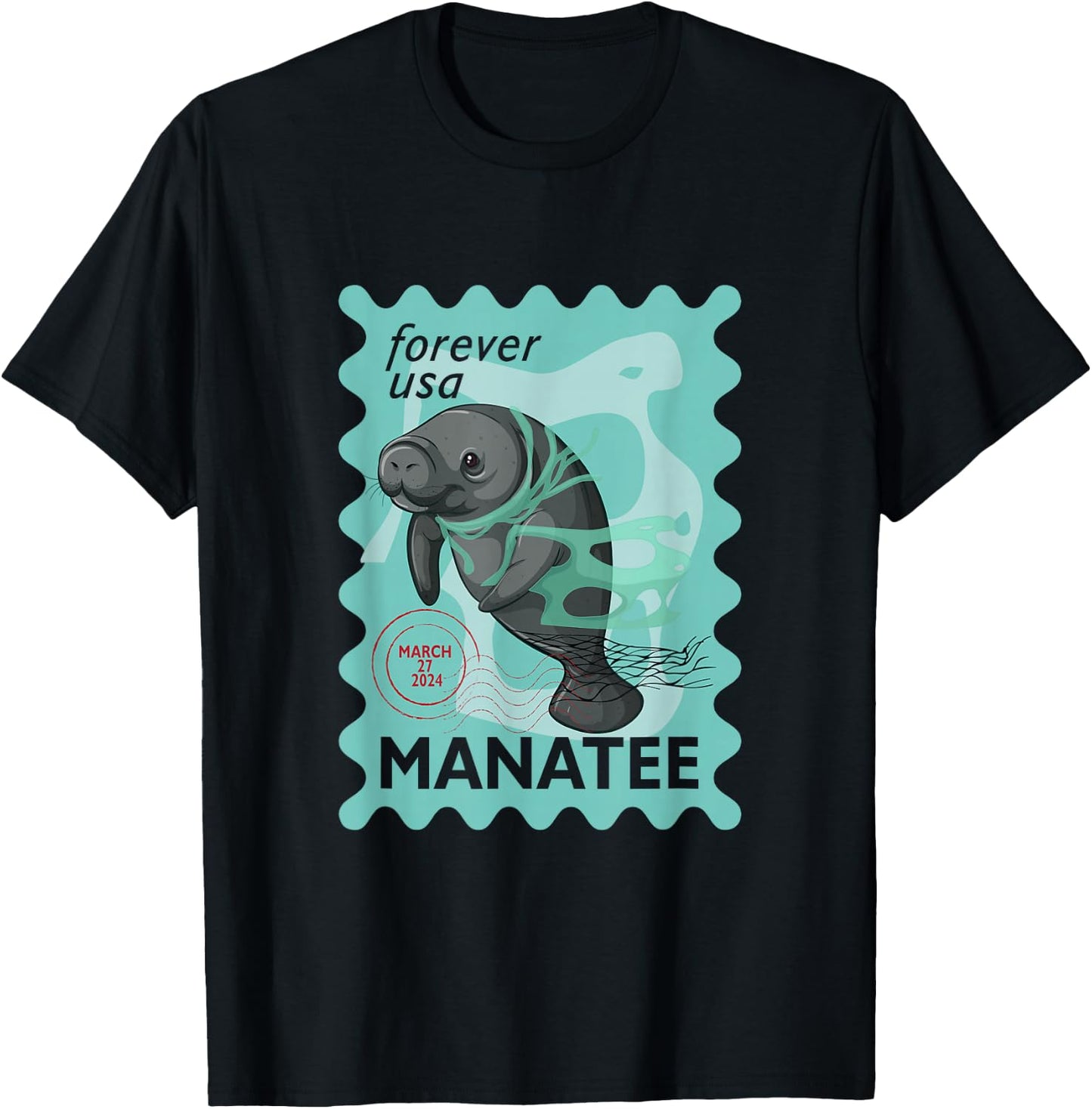 Manatee Stamp Wildlife Animal Manatee Lover Postal Worker T-Shirt - T-Shirt | Black