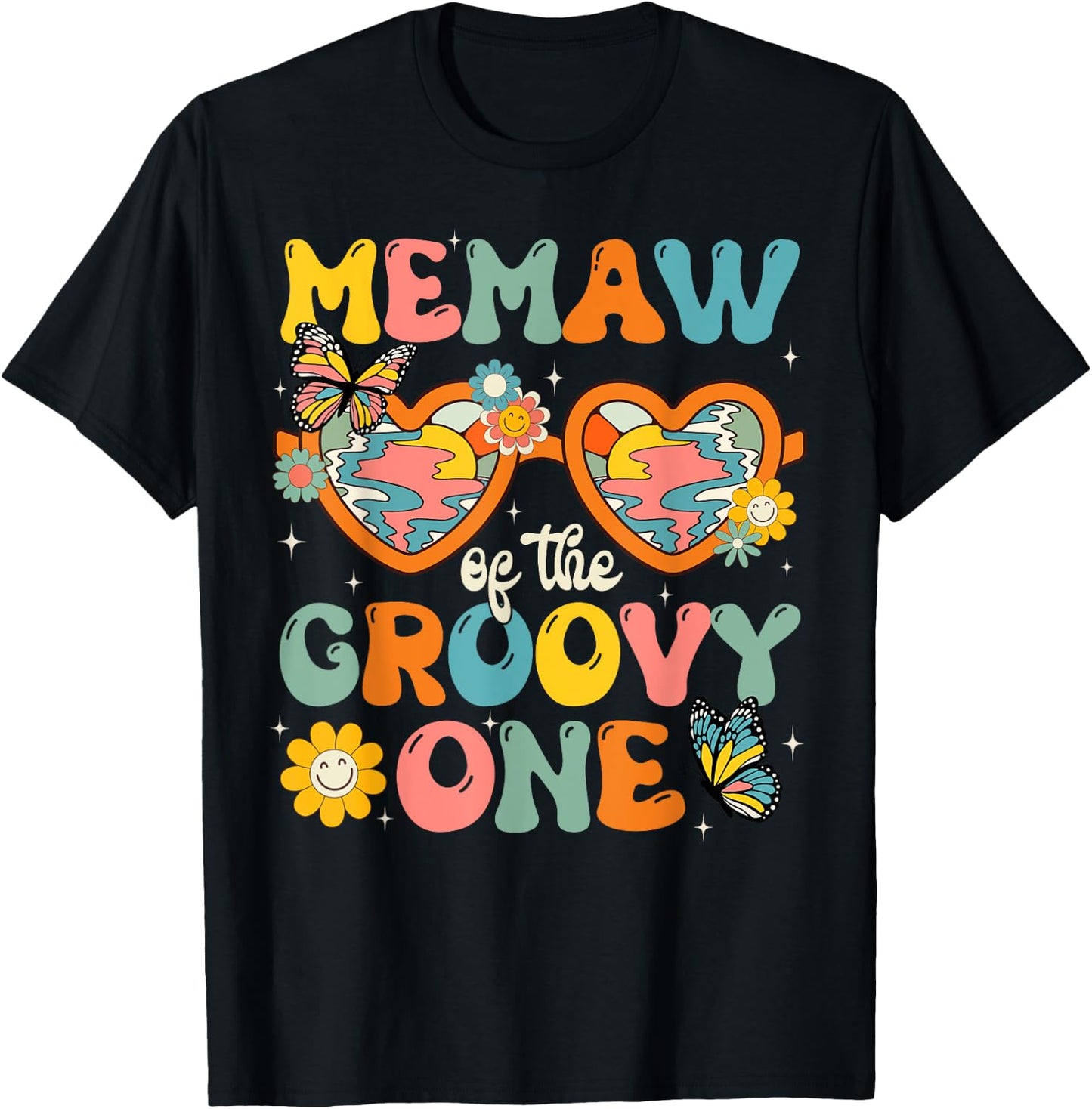 Memaw of the Groovy One Glasses Birthday Party T-Shirt - T-Shirt | Black