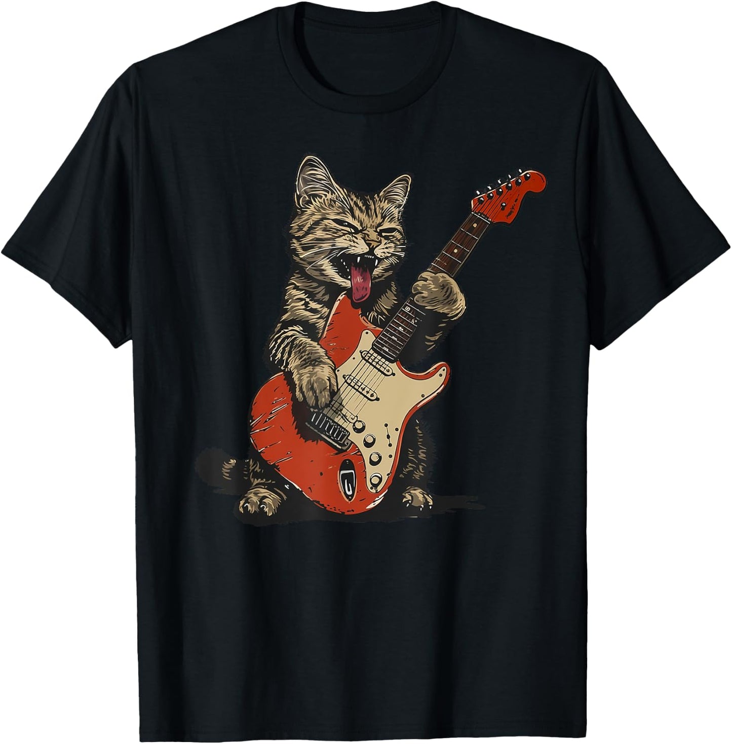 Rock and Roll Guitar Cat Vintage ROCK Guitarist Cat Men Women Girls Kids T-Shirt - T-Shirt | Black