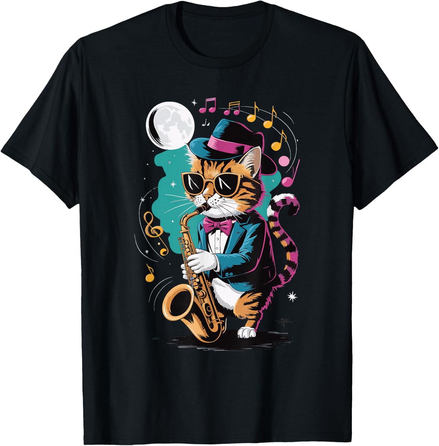 Cat Playing Saxophone Men Women Kids T-Shirt - T-Shirt | Black