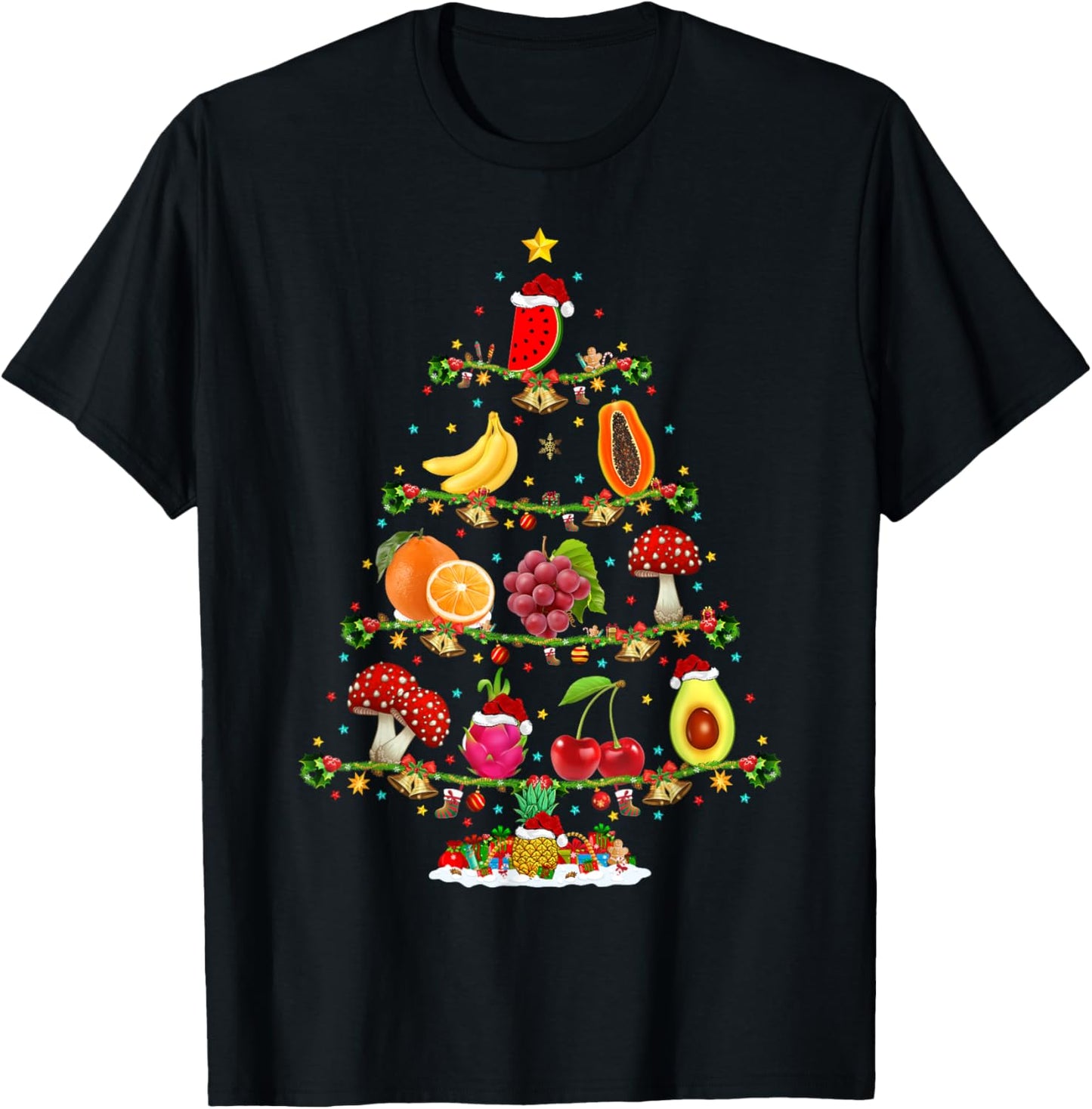 Xmas Lighting Vegetable Fruits Christmas Tree T-Shirt - T-Shirt | Black