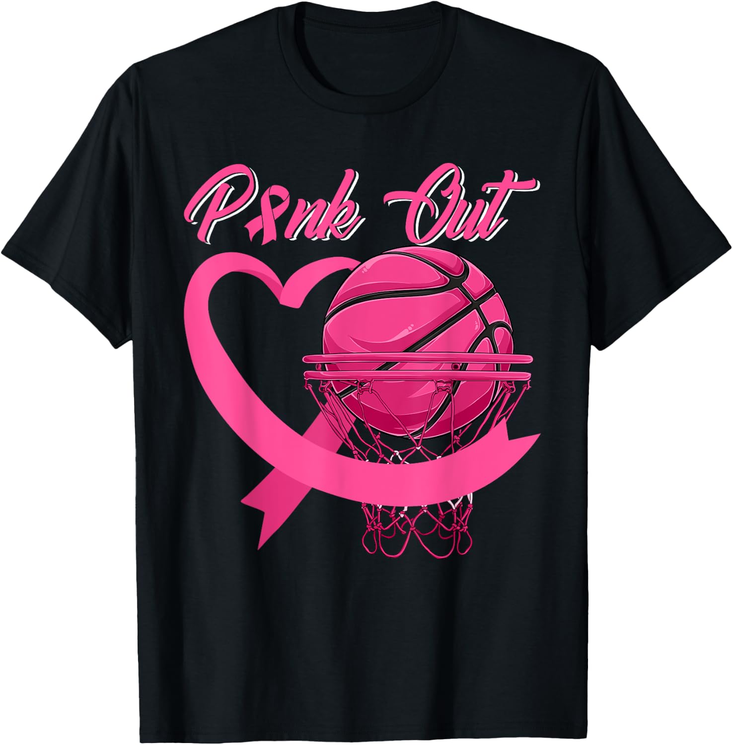 Pink Out Breast Cancer Pink Ribbon Heart & Basketball Ball T-Shirt - T-Shirt | Black