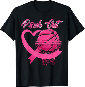 Pink Out Breast Cancer Pink Ribbon Heart & Basketball Ball T-Shirt - T-Shirt | Black