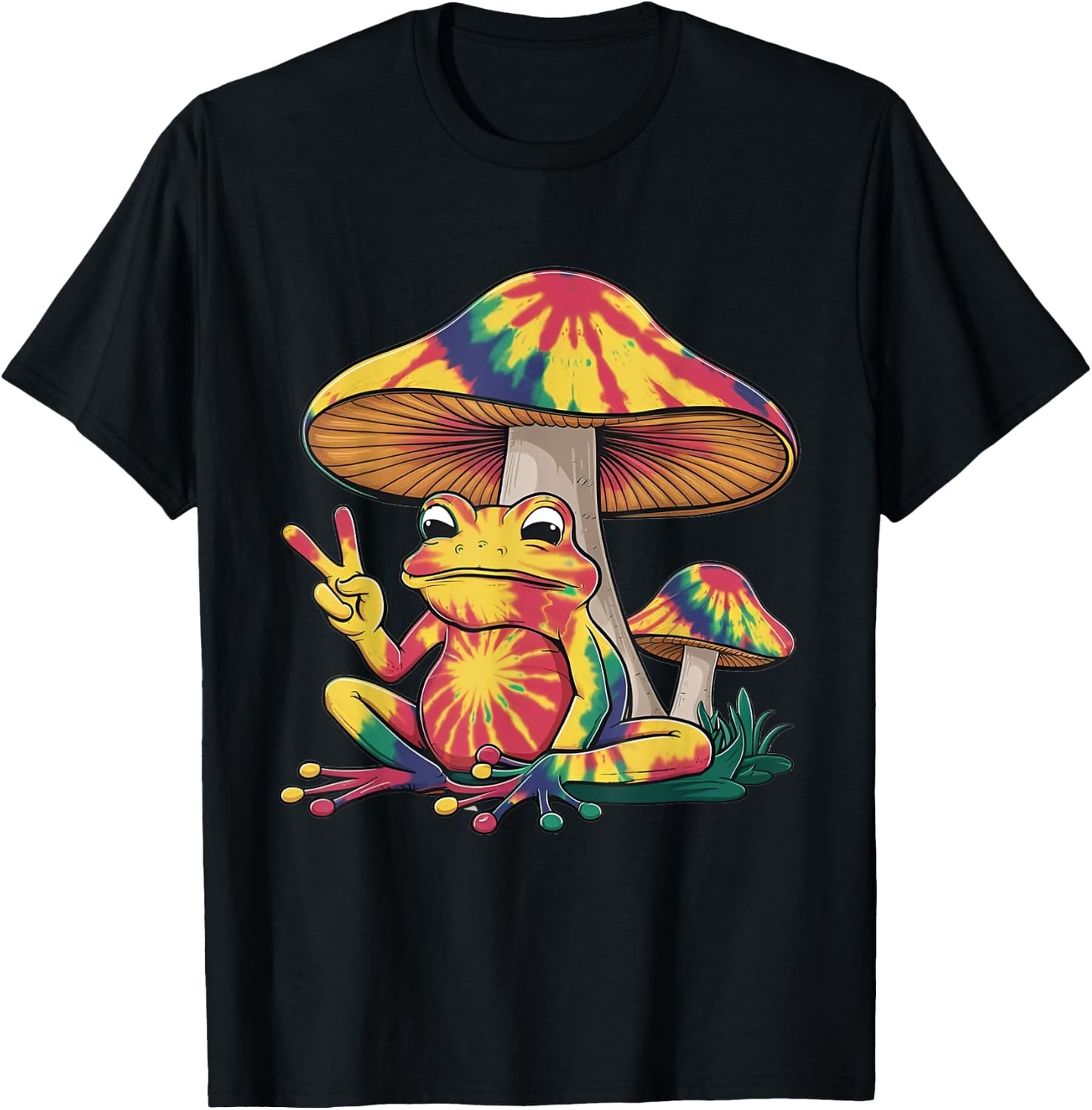 Tie Dye Mushroom and Frog Peace Sign Hippie Animal Vintage T-Shirt - T-Shirt | Black