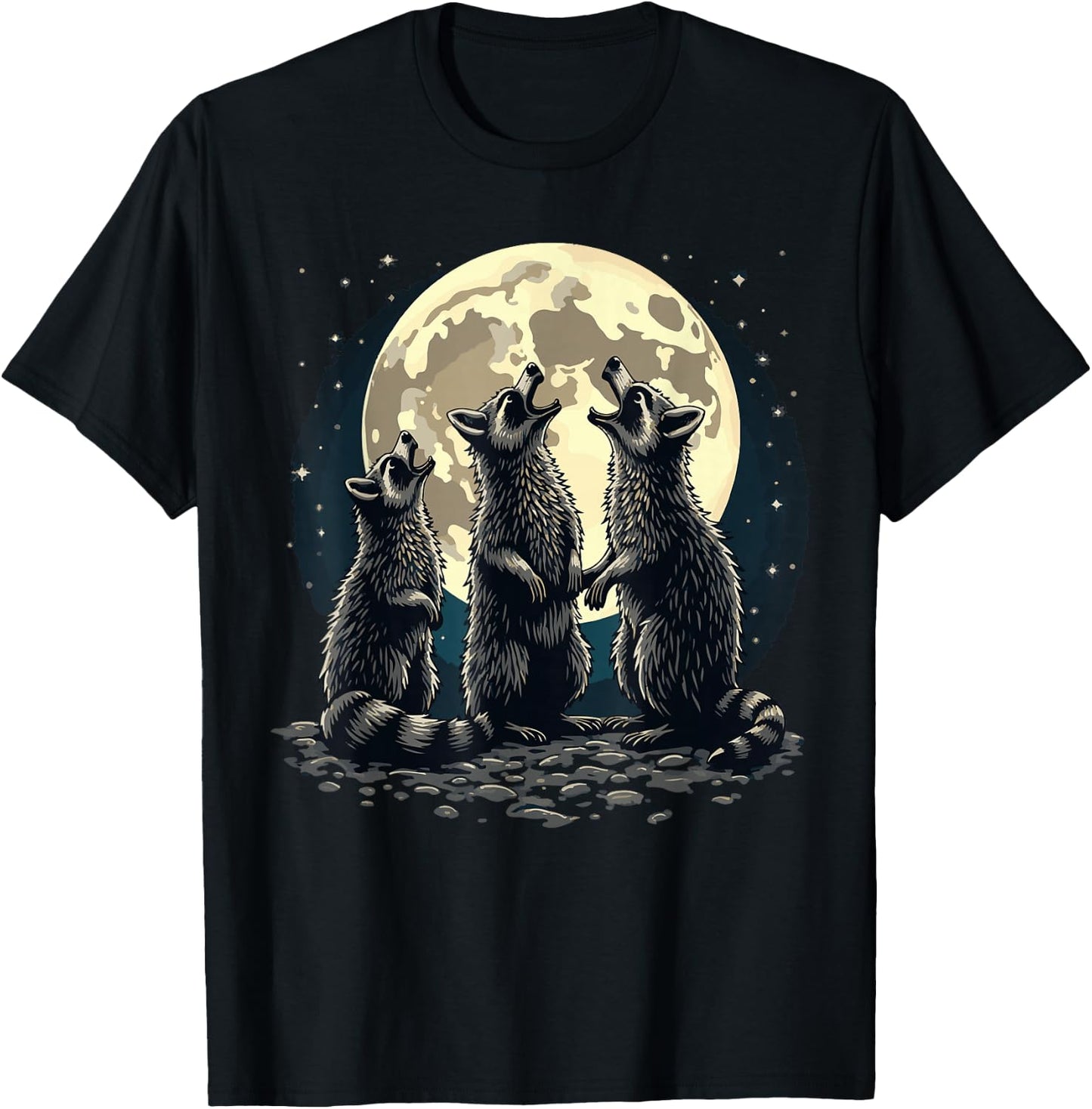 3 Racoons Moon Howling Raccoon Funny Raccoon T-Shirt - T-Shirt | Black