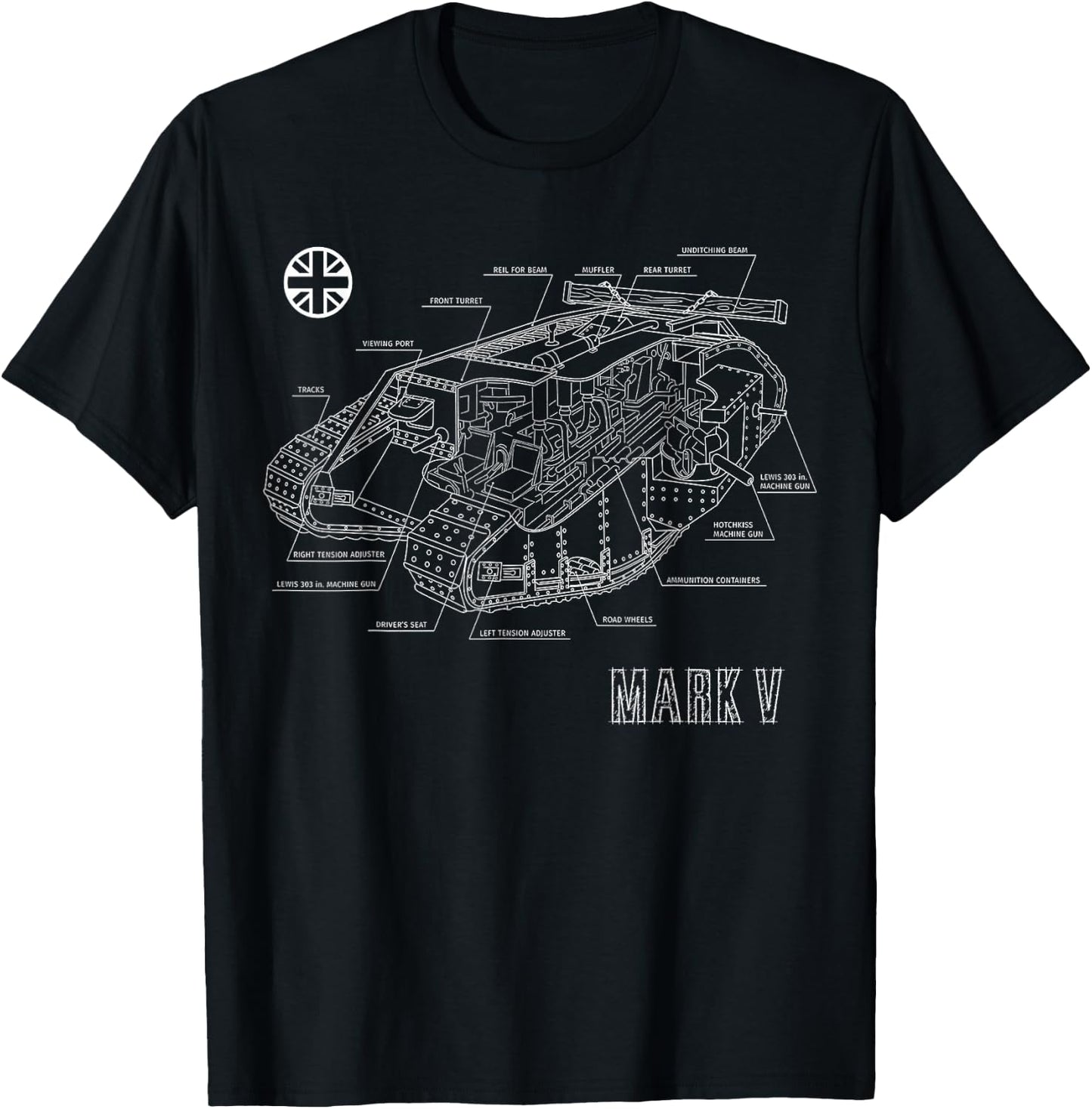 Vintage World War 1 British Tank Mark V blueprint T-Shirt - T-Shirt | Black