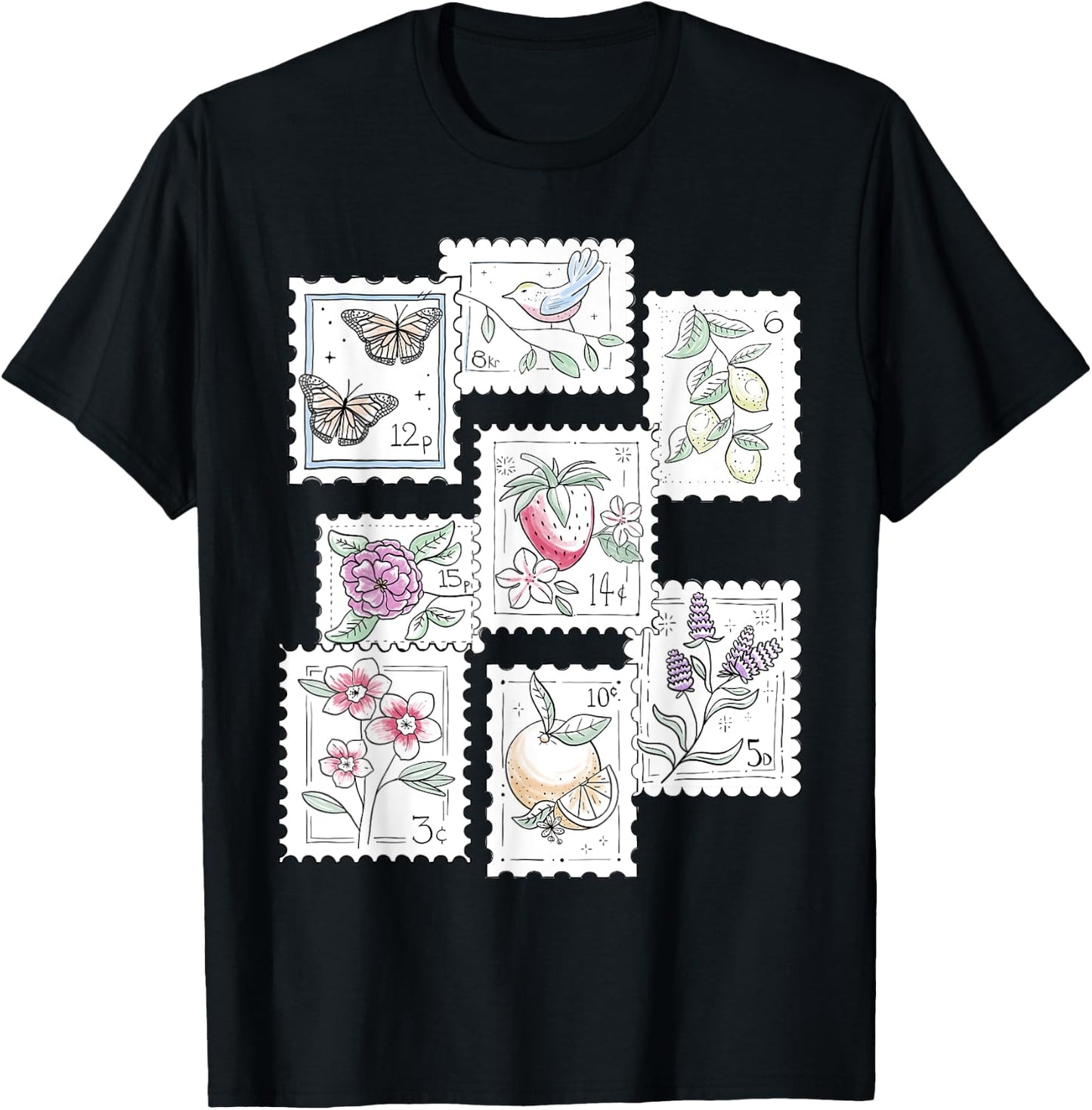 Postage Stamp Pattern Flowers Butterflies Bird Strawberry T-Shirt - T-Shirt | Black