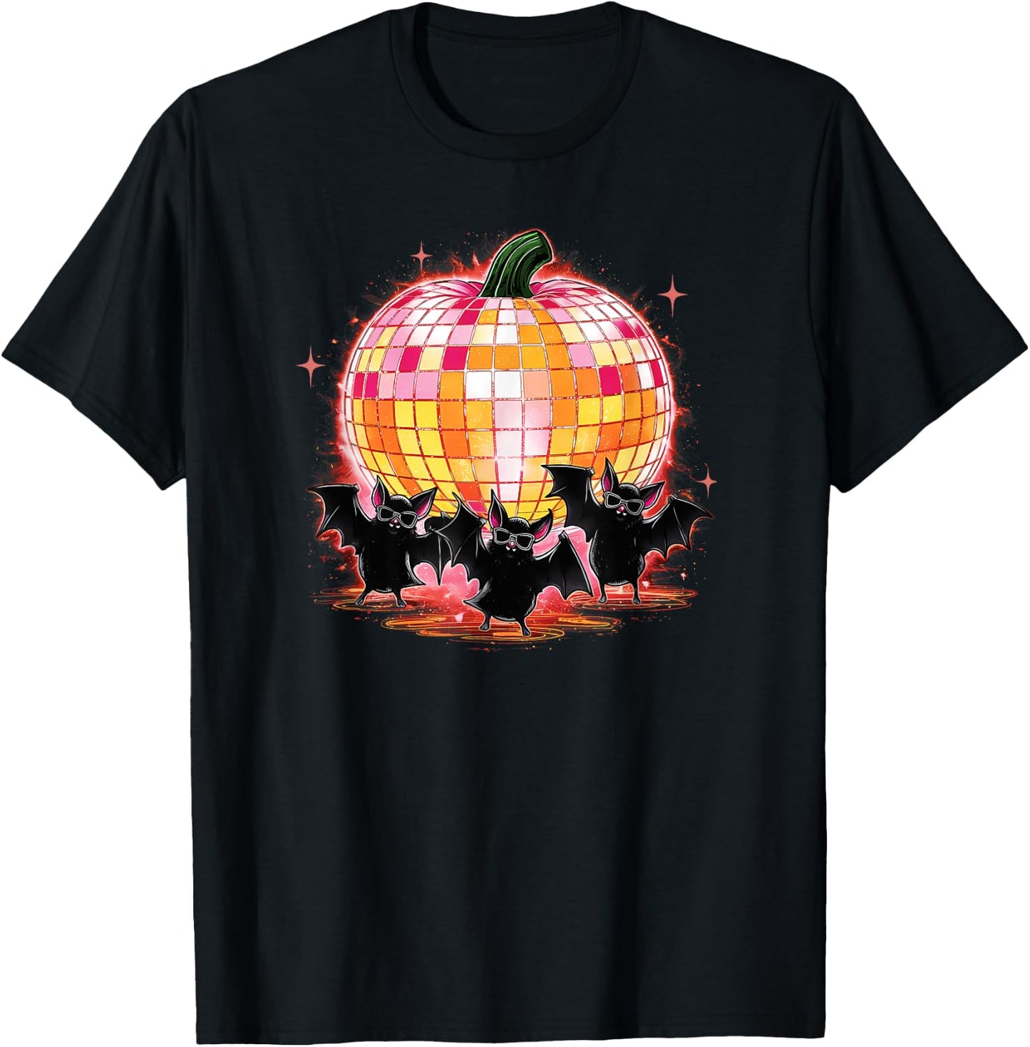 Pumpkin Disco Ball Dancing Bats Halloween Disco Party T-Shirt - T-Shirt | Black