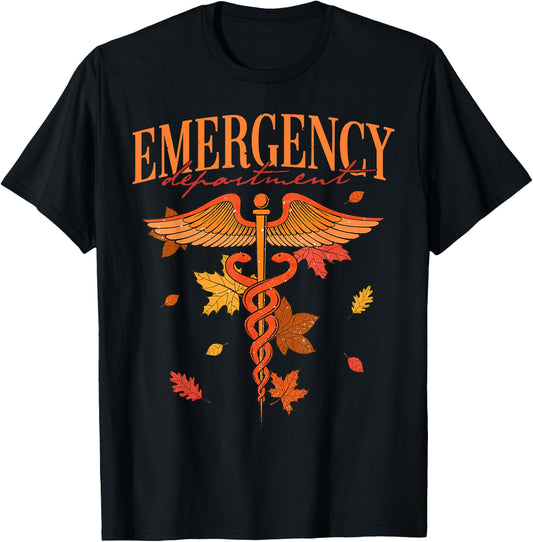 Emergency Department Fall Leaves Emergency Nurse Thankgiving T-Shirt - T-Shirt | Black