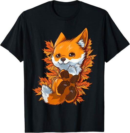Red Forest Fox Baby Animal Autumn Leaves T-Shirt - T-Shirt | Black