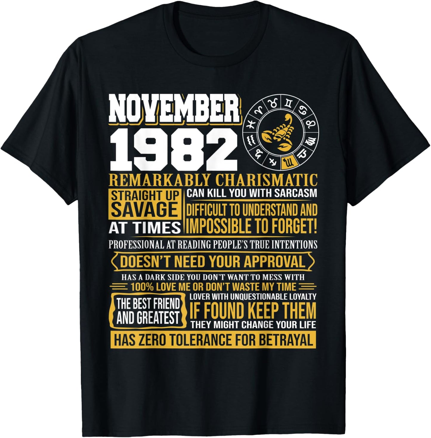 November Birthday Gifts - Born November Scorpio 1982 Funny T-Shirt - T-Shirt | Black