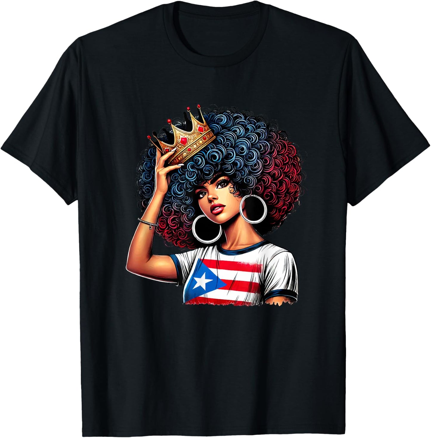 Afro Boricua Queen Princess Crown Puerto Rico Flag Latina T-Shirt - T-Shirt | Black