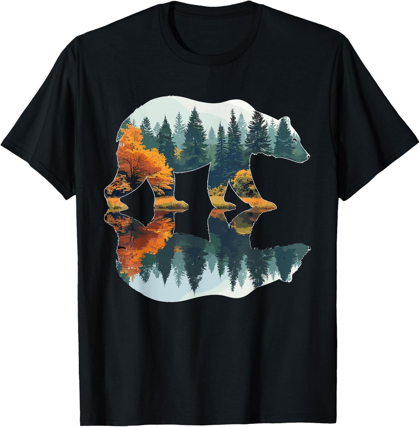 Trees Wildlife Reflection Nature Bear Outdoor Forest T-Shirt - T-Shirt | Black