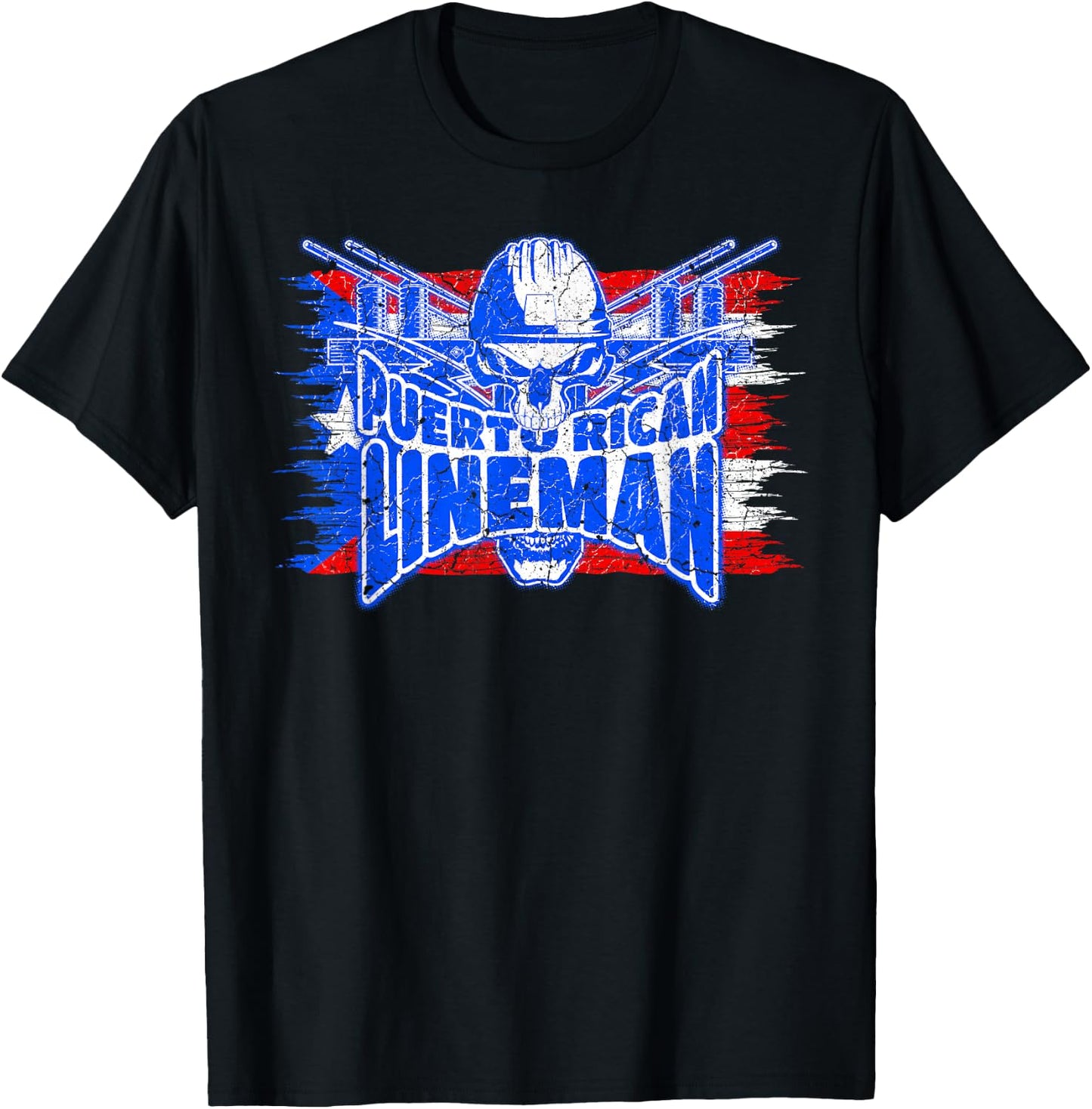 Proud Puerto Rican Lineman Skull with Flag of Puerto Rico T-Shirt - T-Shirt | Black