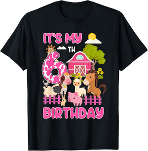 It’s My 6th Birthday Farm Animals 6 Year Old Girl Party T-Shirt - T-Shirt | Black