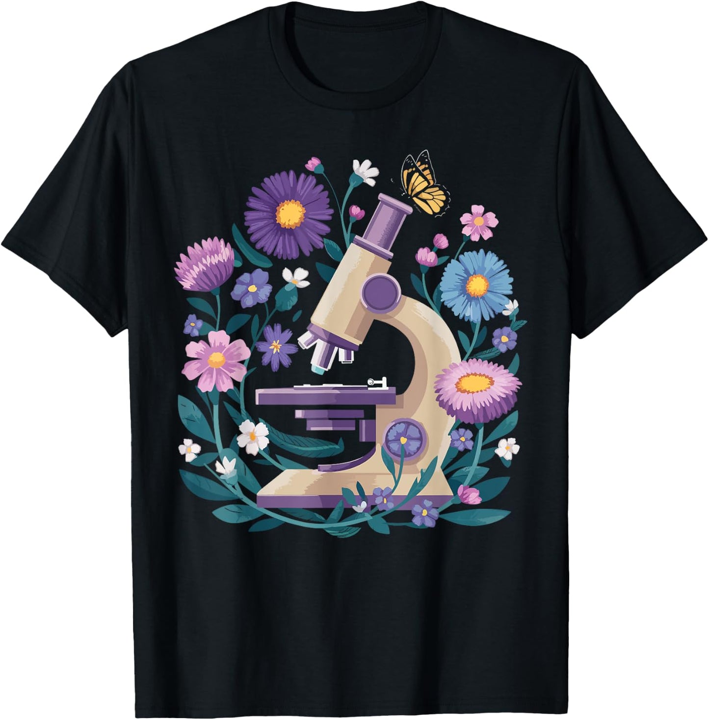 Microscope Flower Butterfly Biology Science Teacher Student T-Shirt - T-Shirt | Black