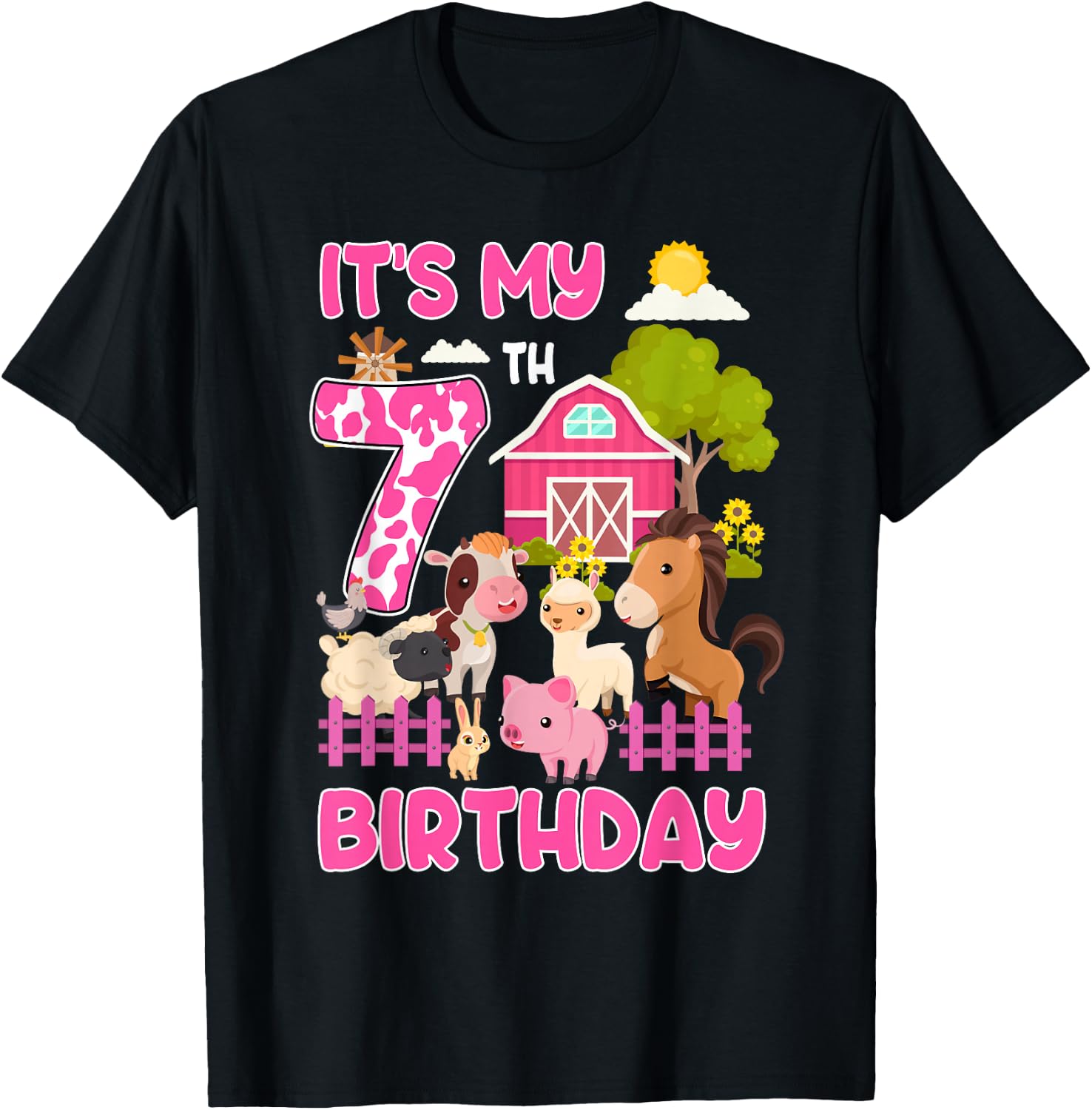 It’s My 7th Birthday Farm Animals 7 Year Old Girl Party T-Shirt - T-Shirt | Black