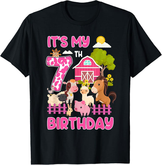It’s My 7th Birthday Farm Animals 7 Year Old Girl Party T-Shirt - T-Shirt | Black
