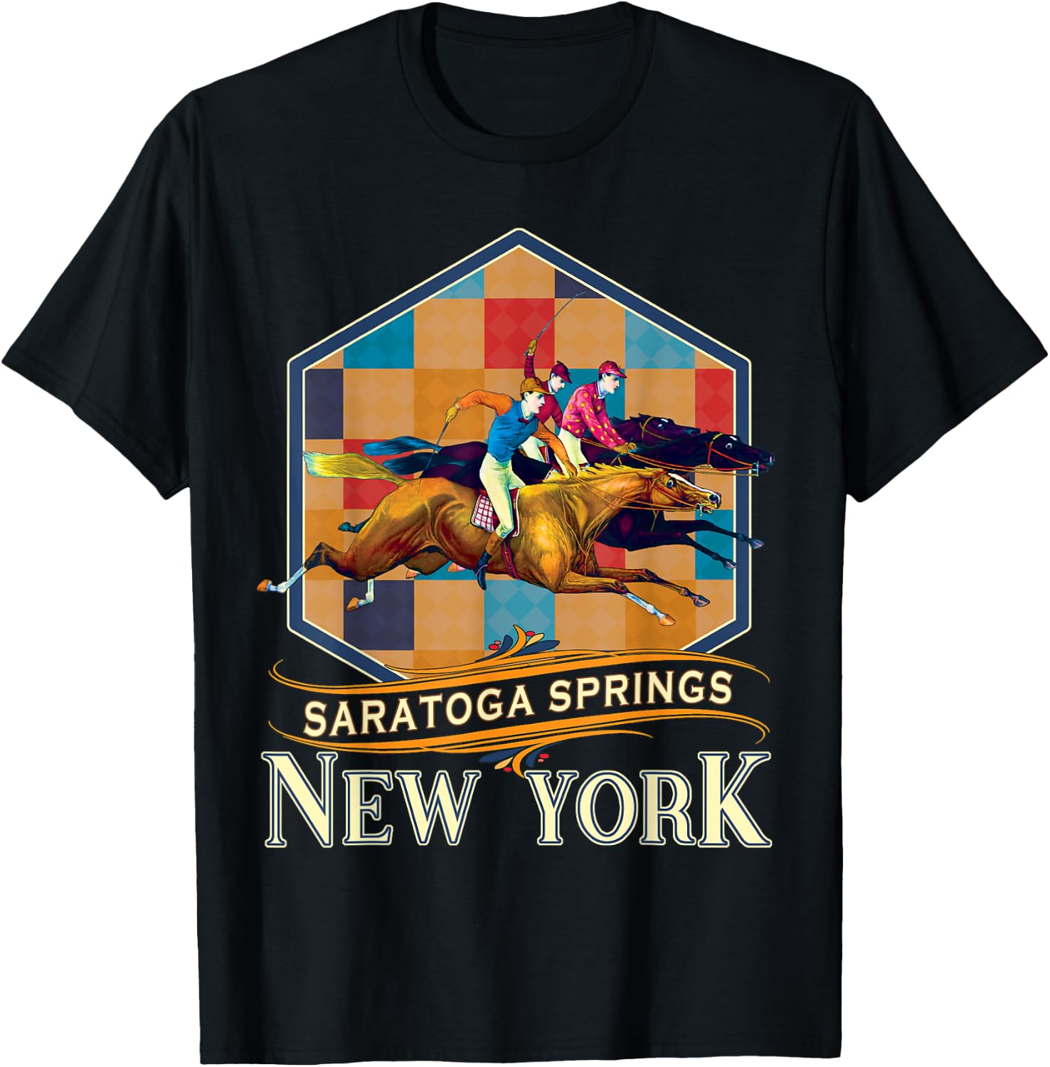 Saratoga Springs New York Vintage Horse Racing Souvenir T-Shirt - T-Shirt | Black