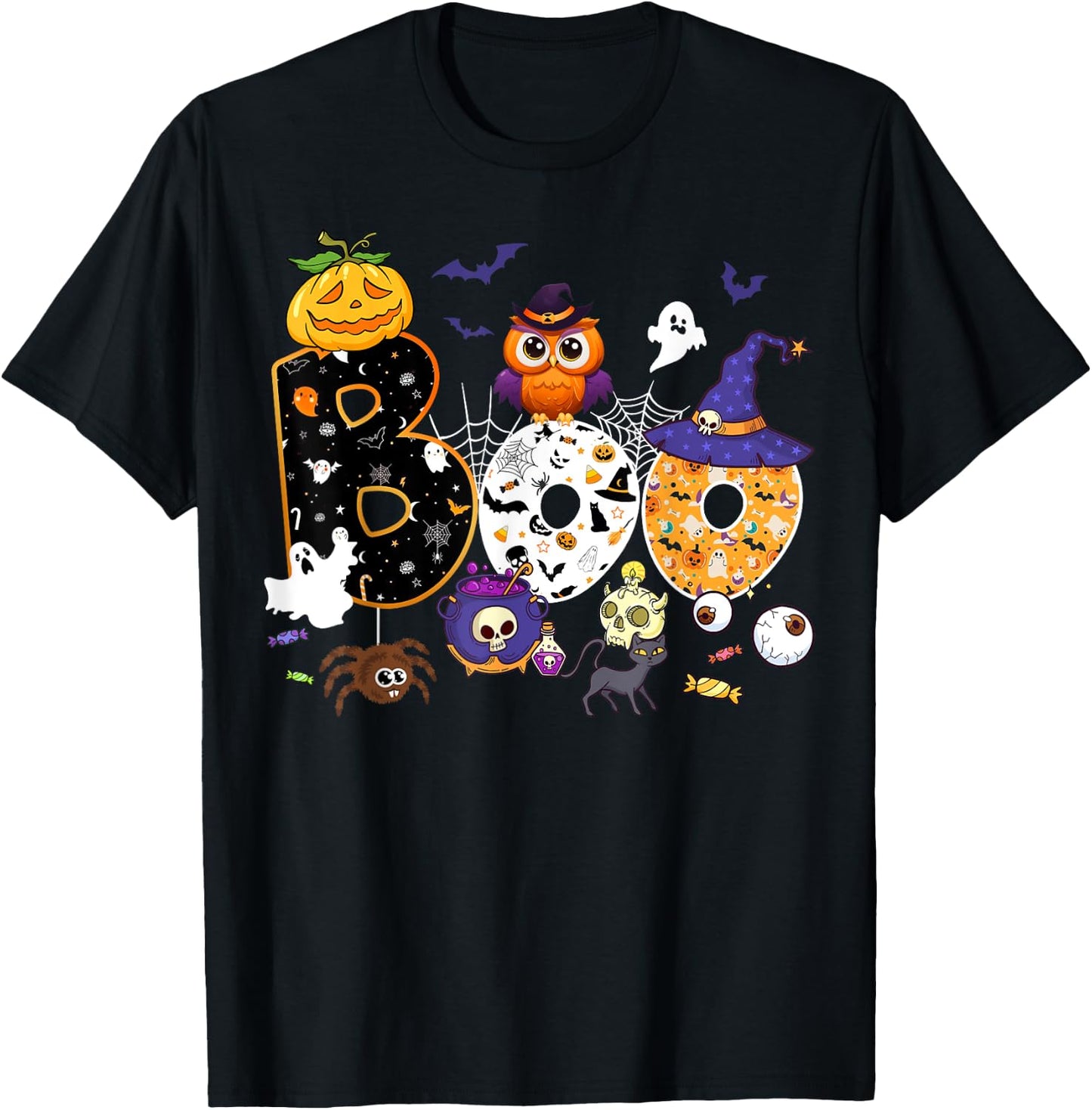 Boo Creepy Owl Pumpkin Ghost Halloween Men Women Kids T-Shirt - T-Shirt | Black