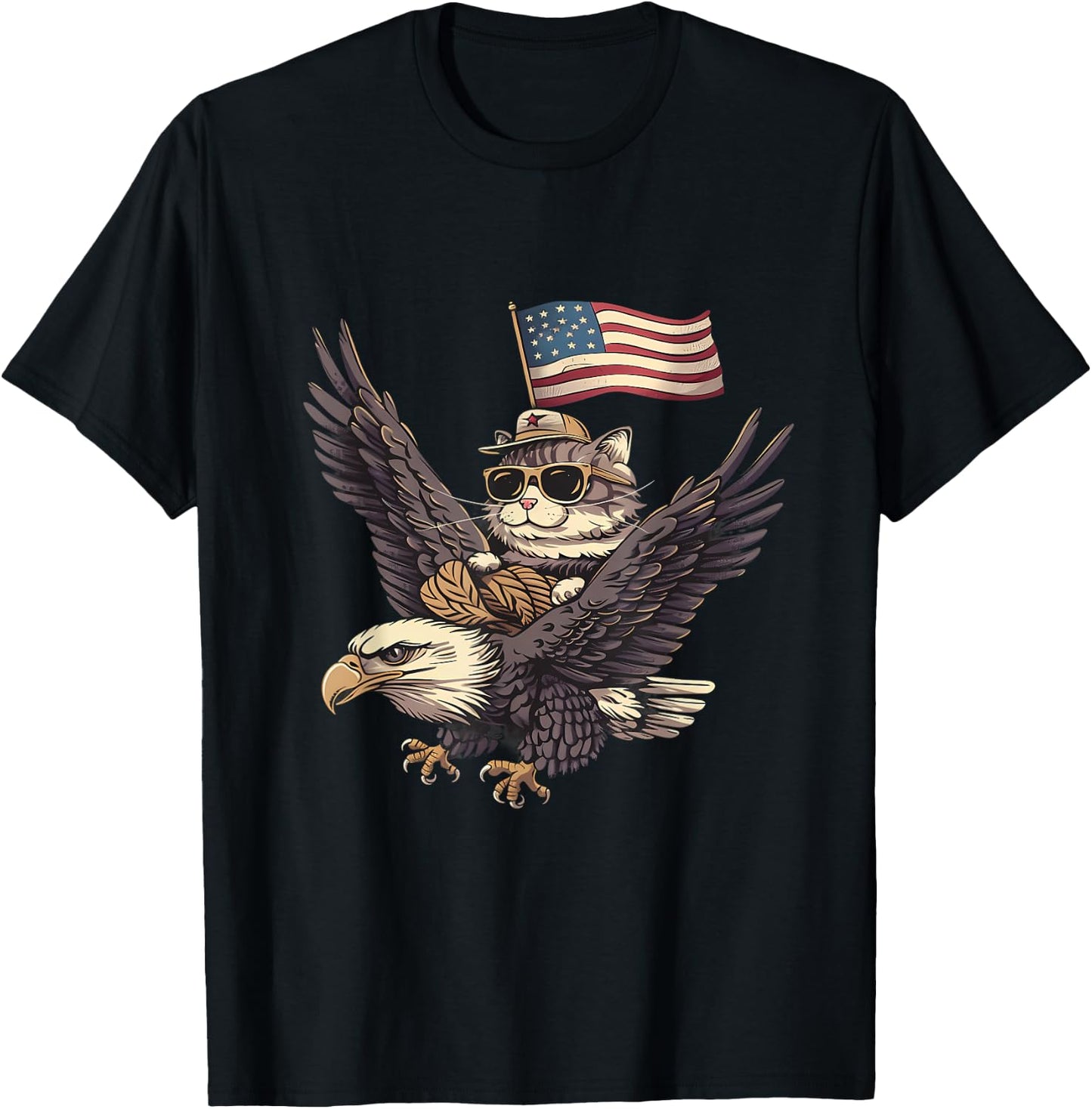 4th Of July USA American Flag America Bald Eagle Cat T-Shirt - T-Shirt | Black