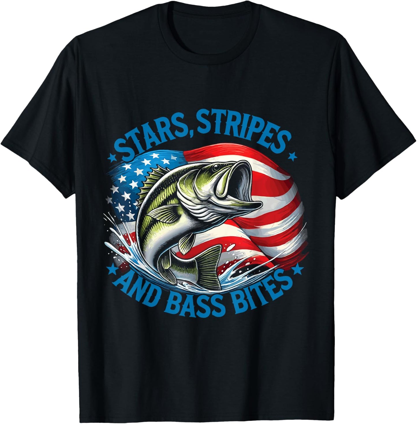 Fisherman Stars Stripes And Bass Bites Bass Fishing T-Shirt - T-Shirt | Black