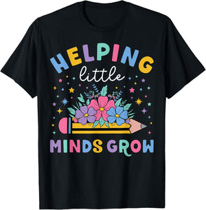 Helping Little Minds Grow Flower Elementary School Teacher T-Shirt - T-Shirt | Black