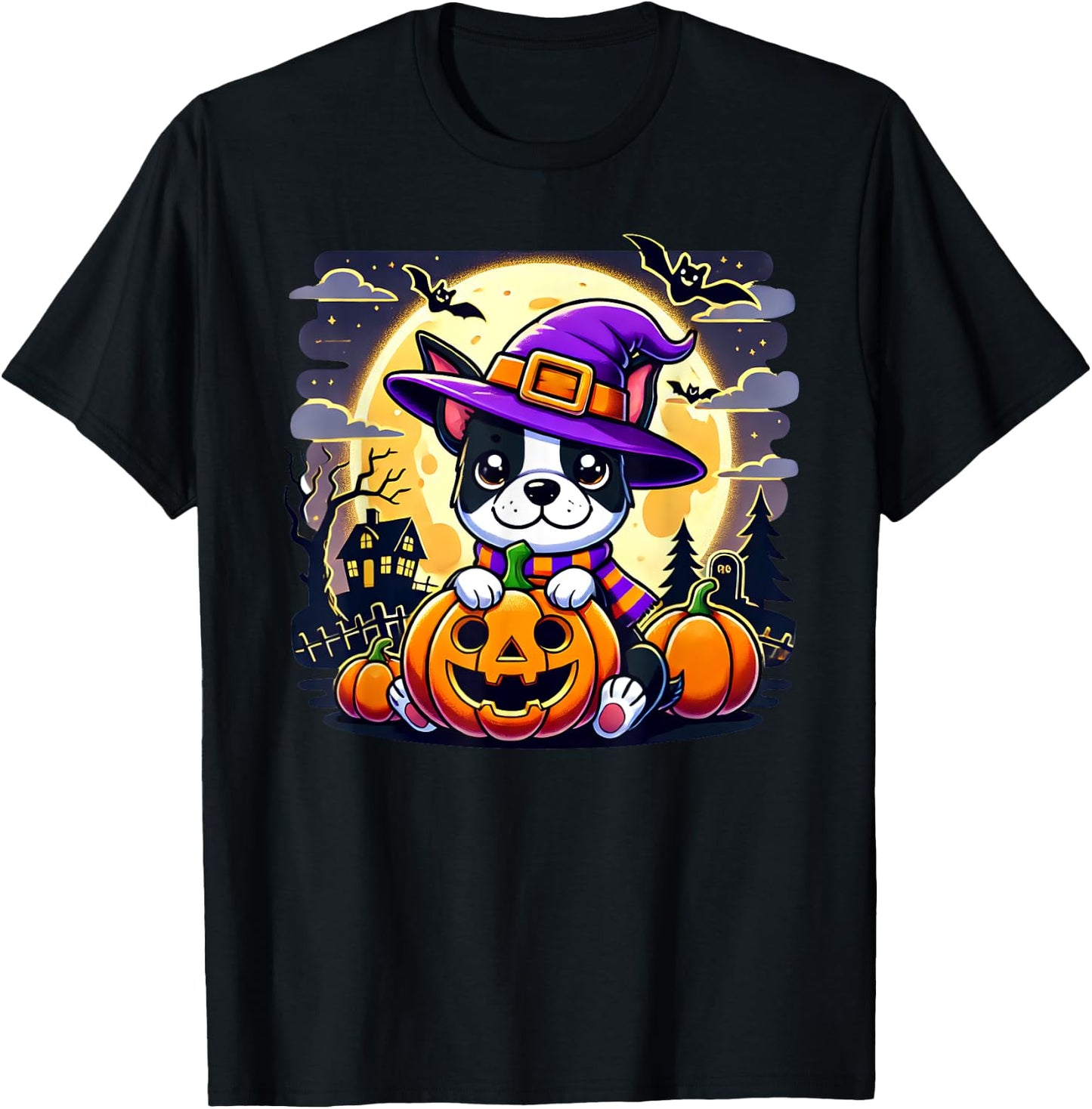 Halloween Boston Terrier Dog Breed With Jack O' Lantern Art Women Kids T-Shirt - T-Shirt | Black